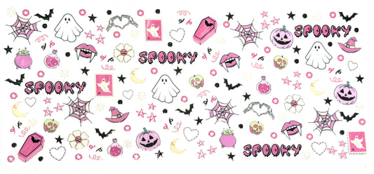 Halloween-themed decorative elements with pumpkins, ghosts, and spiders on a white background.