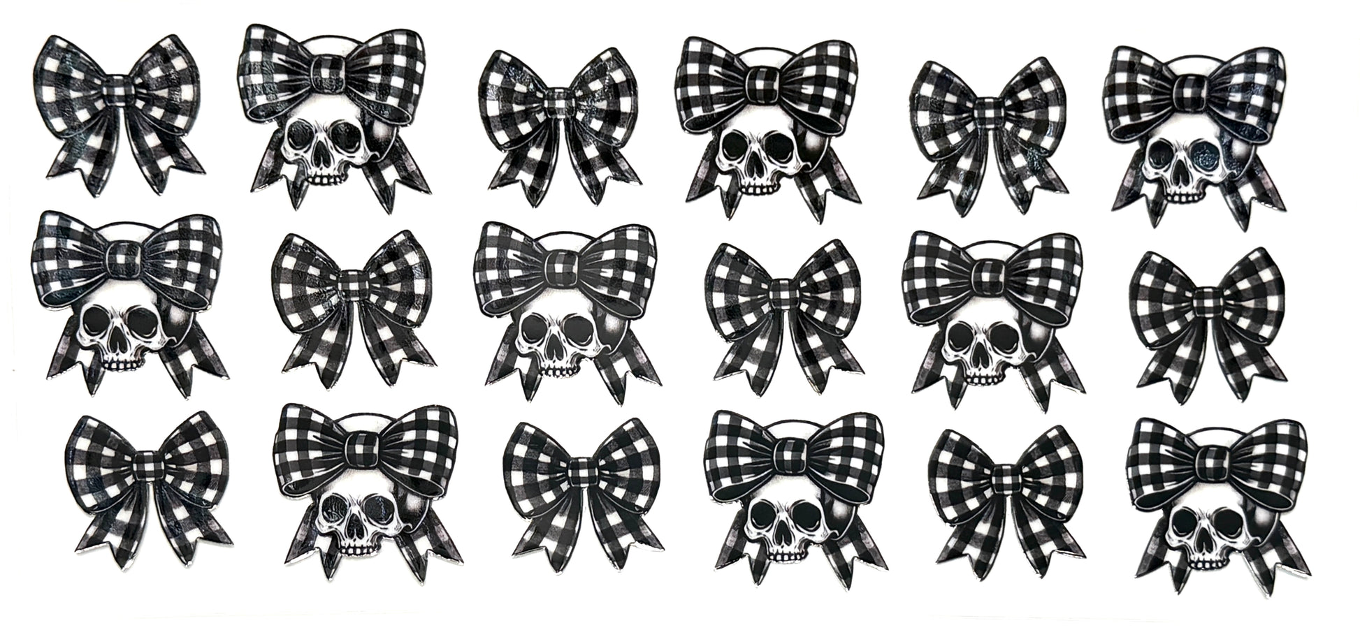 Set of black and white checkered bows with skull designs on a white background