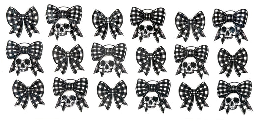 Set of black and white checkered bows with skull designs on a white background