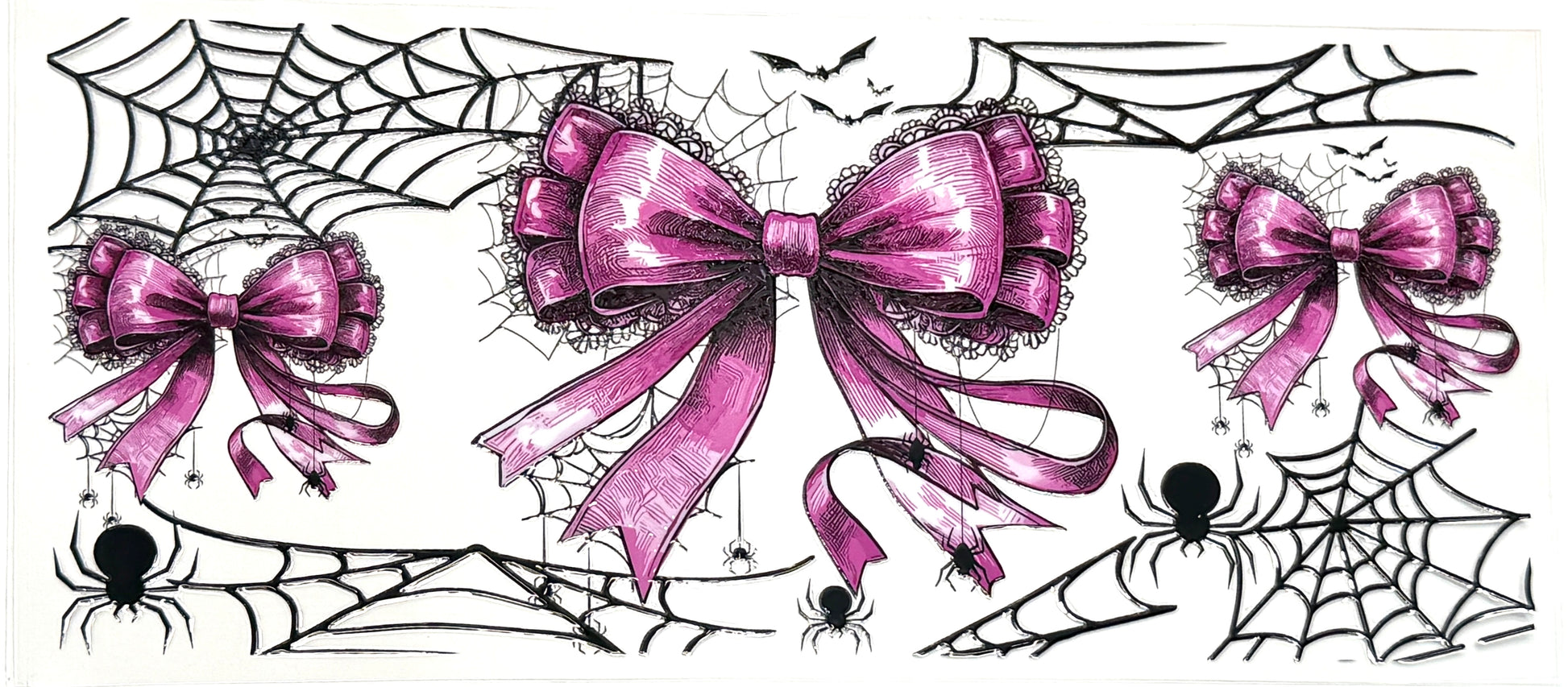 Pink bows with spider webs and spiders on a white background
