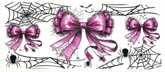 Pink bows with spider webs and spiders on a white background
