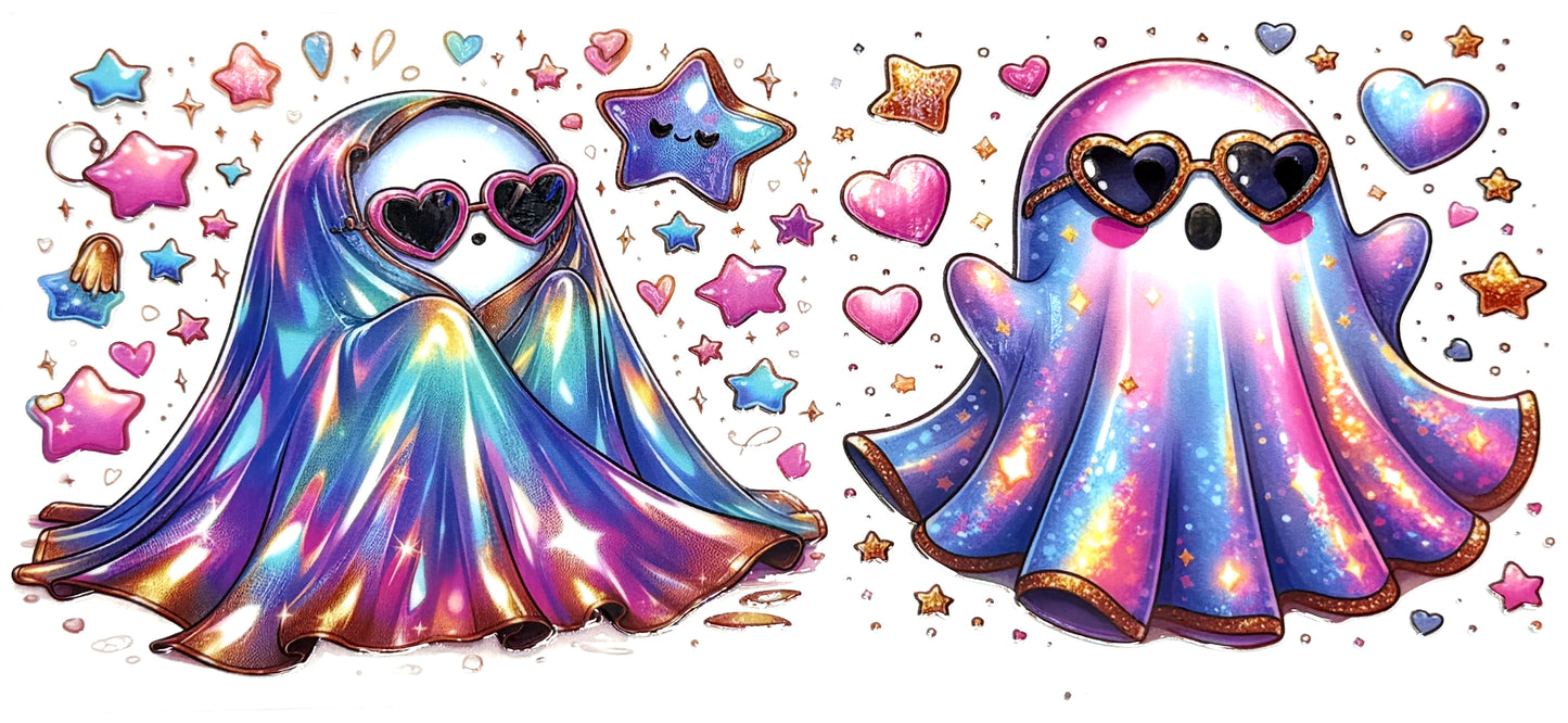 Two colorful ghosts wearing heart-shaped sunglasses surrounded by stars and hearts on a white background.