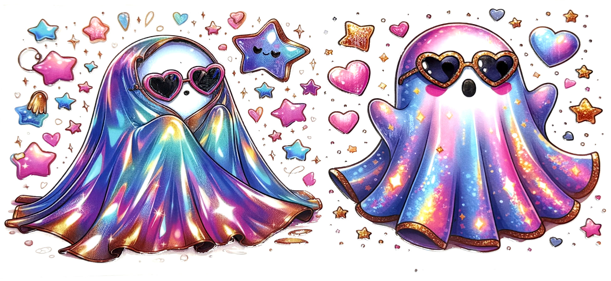 Two colorful ghosts wearing heart-shaped sunglasses surrounded by stars and hearts on a white background.