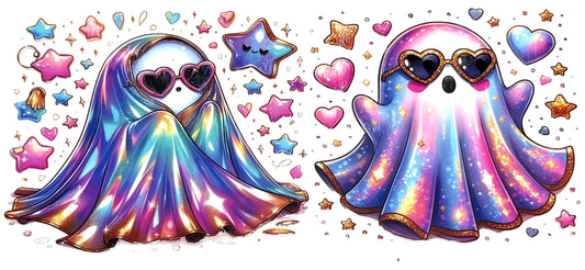 Two colorful ghosts wearing heart-shaped sunglasses surrounded by stars and hearts on a white background.