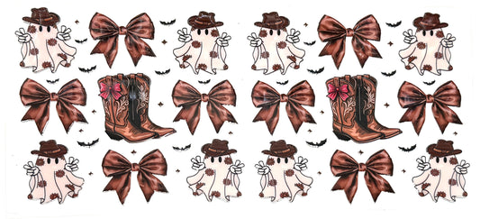 Pattern of cowboy boots, hats, and bows on a white background