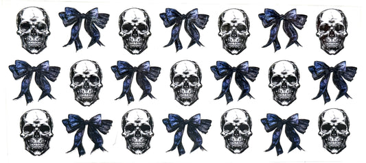 Pattern of skulls and blue ribbons on a white background