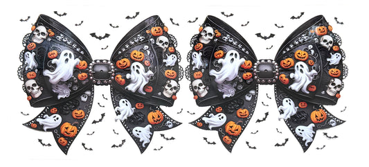 Two Halloween-themed decorative bows with ghosts, pumpkins, and skulls on a white background.