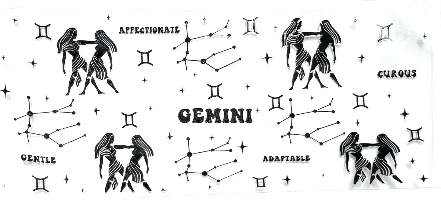 Illustrations of Gemini zodiac sign with constellations and descriptive text on a white background