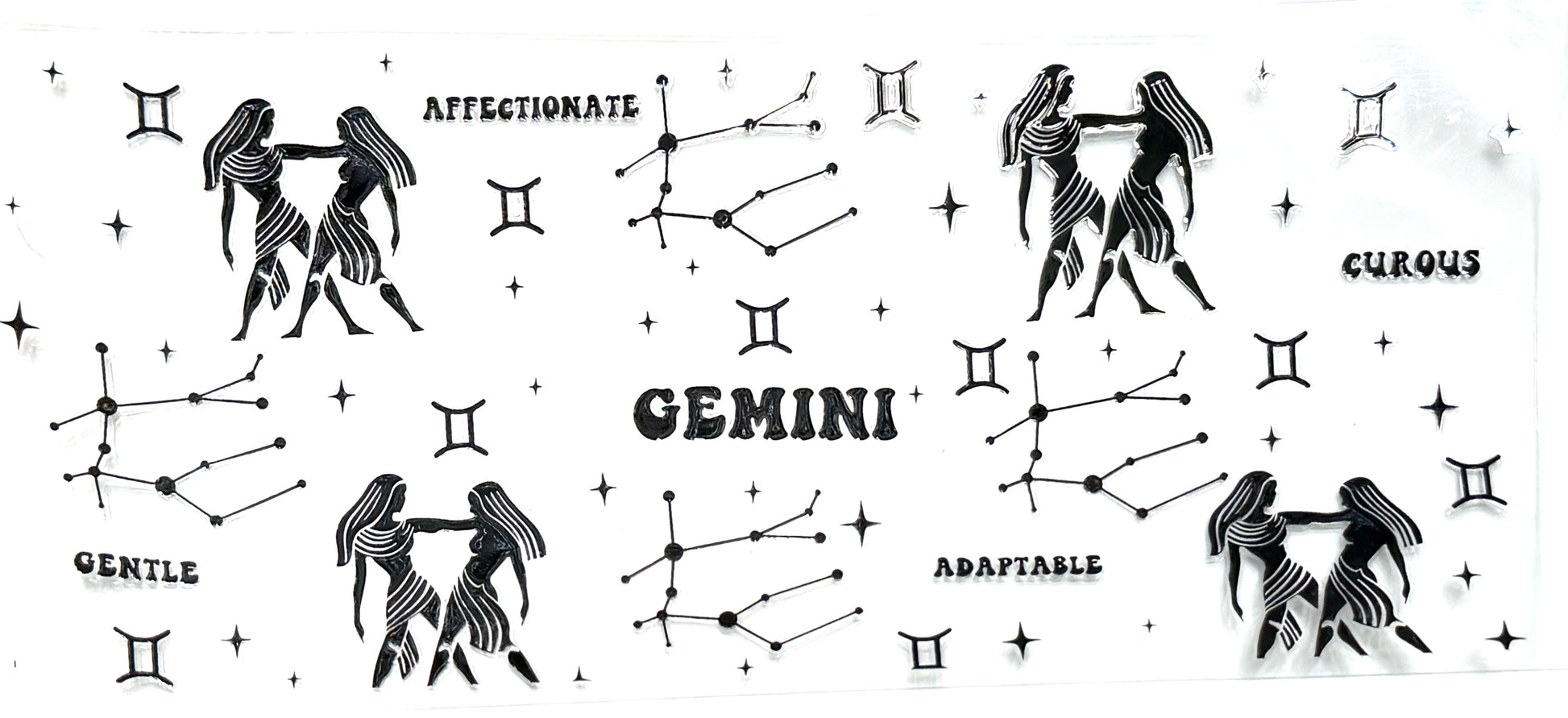 Illustrations of Gemini zodiac sign with constellations and descriptive text on a white background