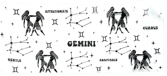 Illustrations of Gemini zodiac sign with constellations and descriptive text on a white background
