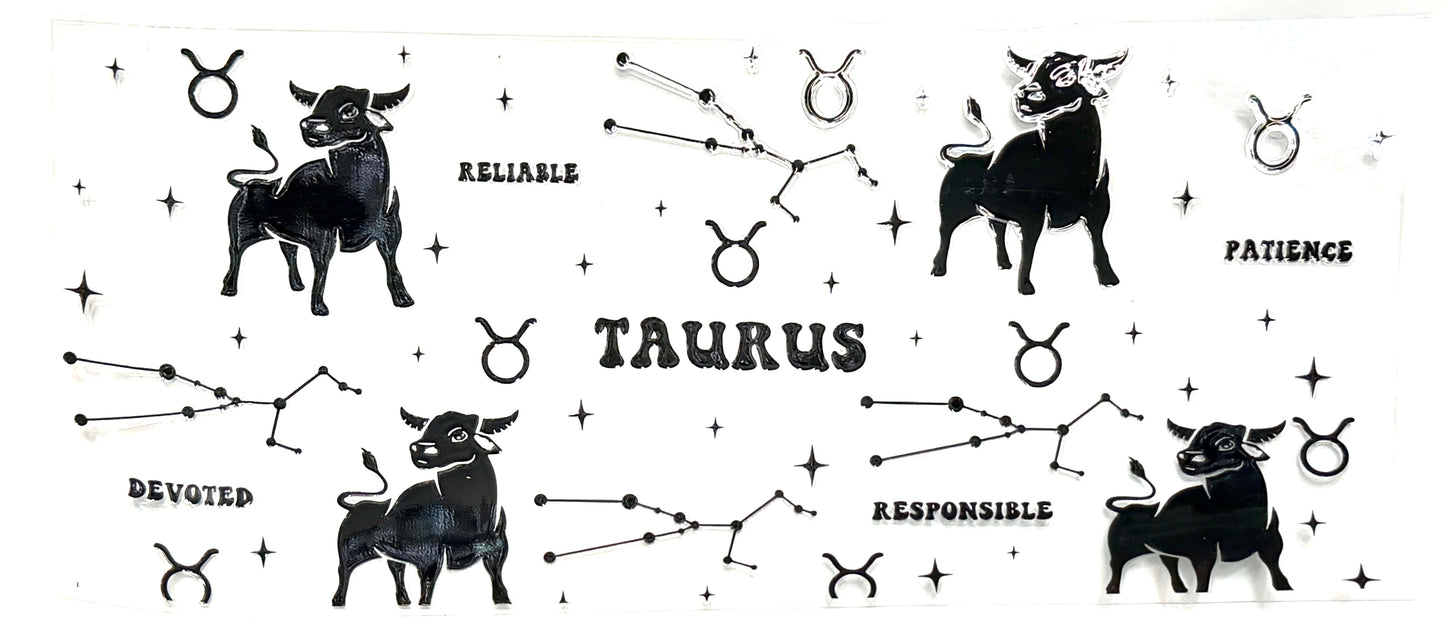Illustrations of Taurus zodiac sign with associated traits on a white background
