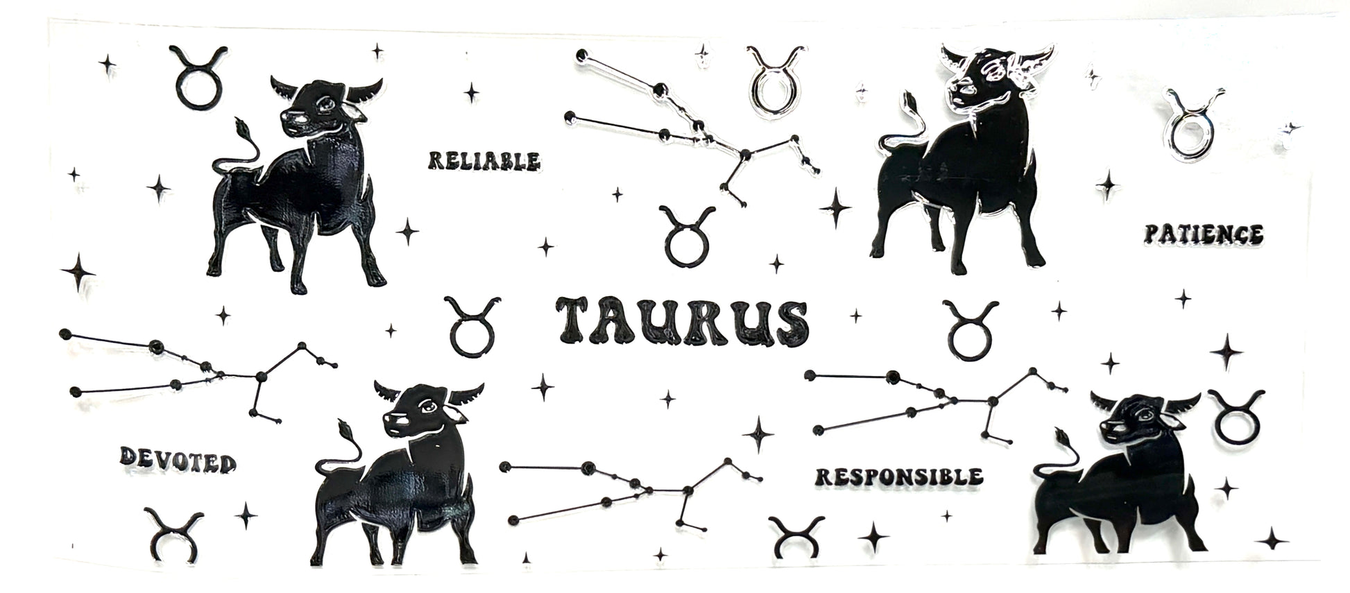 Illustrations of Taurus zodiac sign with associated traits on a white background