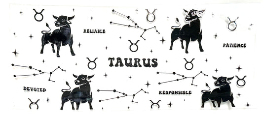 Illustrations of Taurus zodiac sign with associated traits on a white background