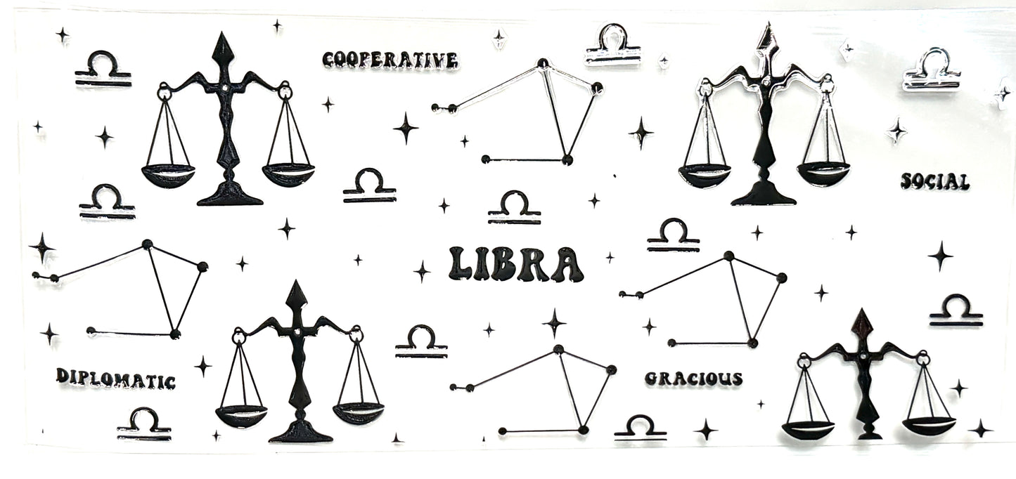 Zodiac sign Libra design with scales and celestial elements on a white background