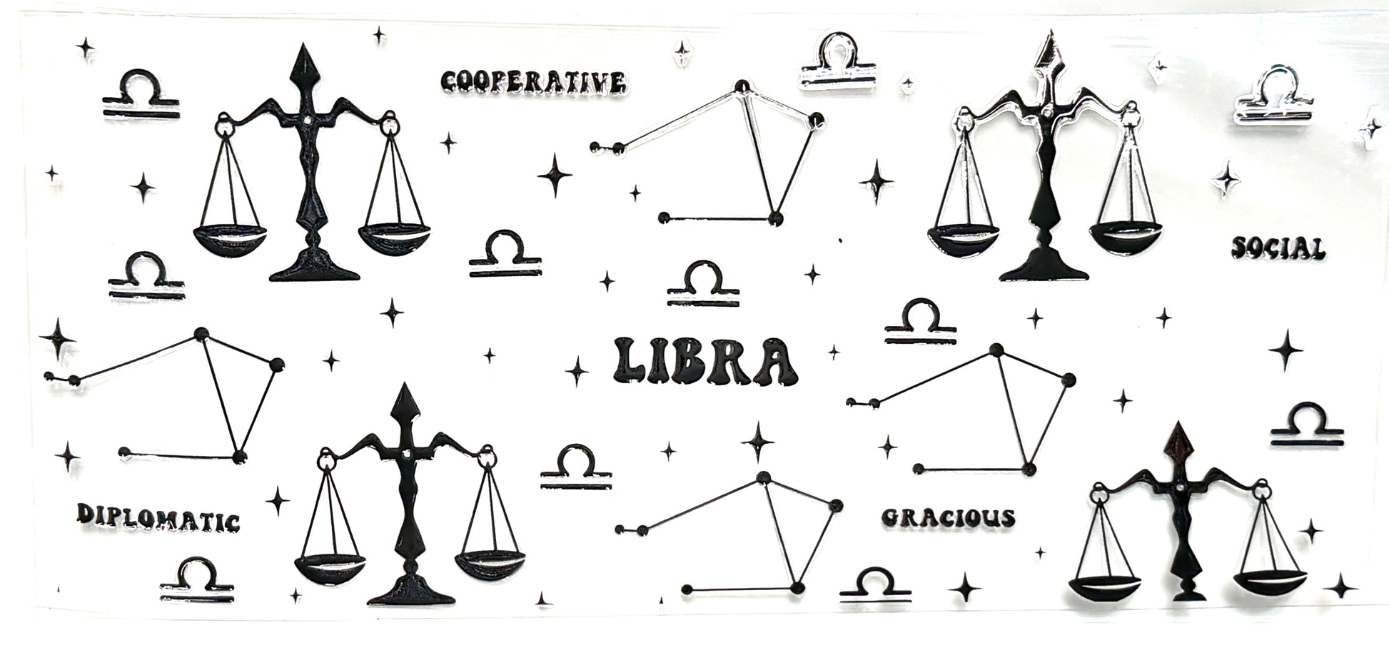 Zodiac sign Libra design with scales and celestial elements on a white background