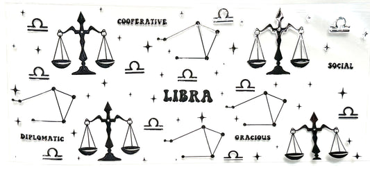 Zodiac sign Libra design with scales and celestial elements on a white background