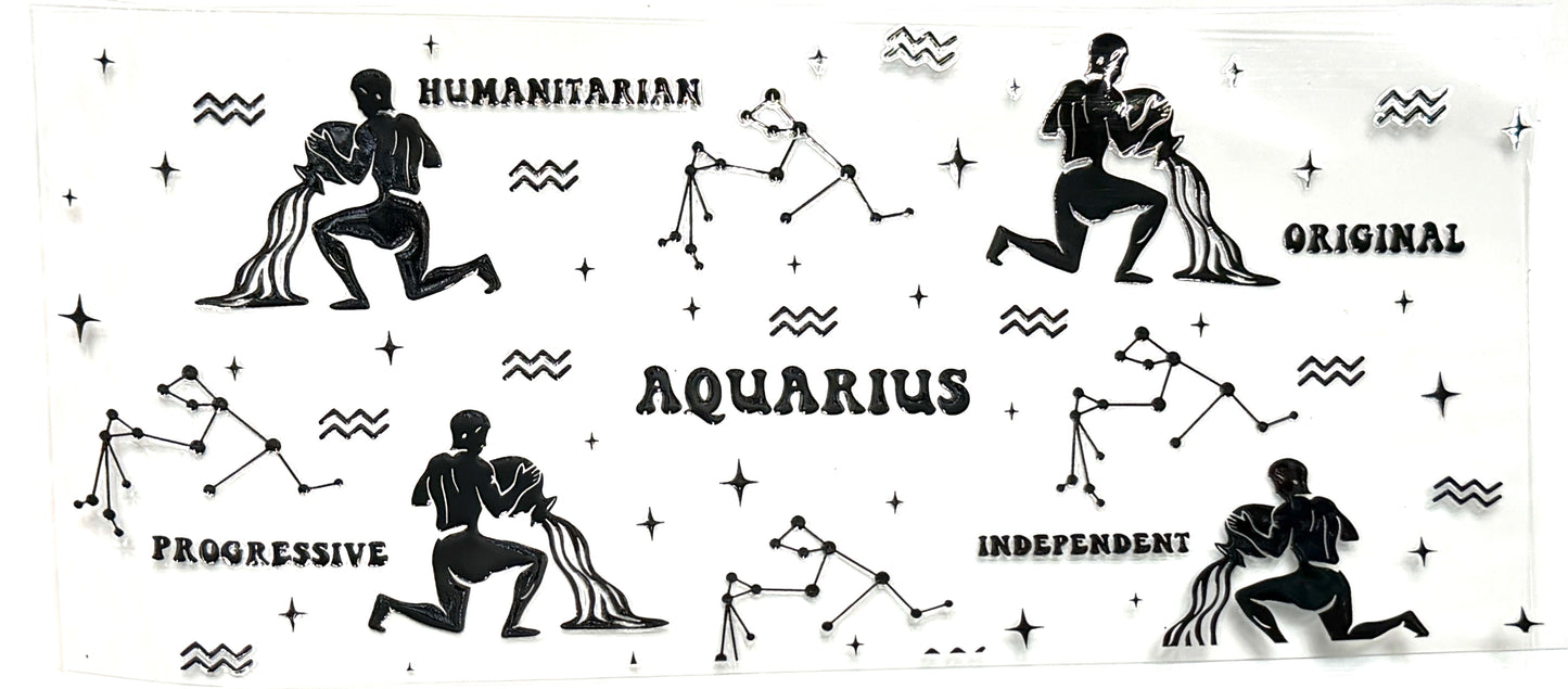 Illustrations of Aquarius zodiac sign with human figures and constellations on a white background.