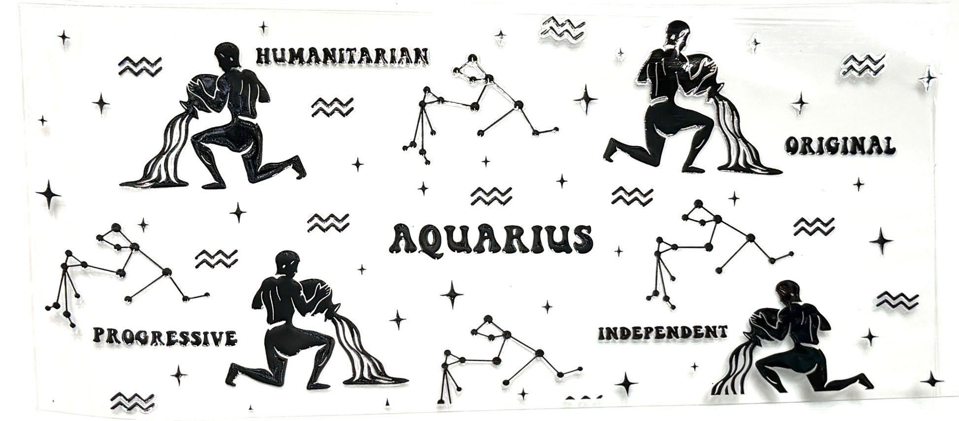 Illustrations of Aquarius zodiac sign with human figures and constellations on a white background.