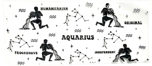 Illustrations of Aquarius zodiac sign with human figures and constellations on a white background.
