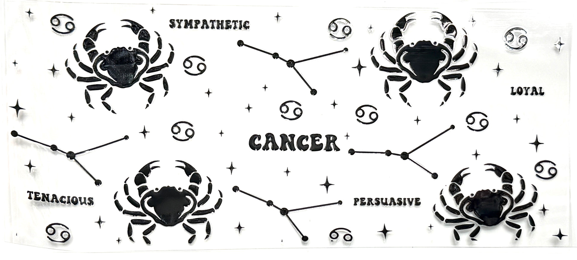 Zodiac sign Cancer design with star constellation and descriptive text on a white background
