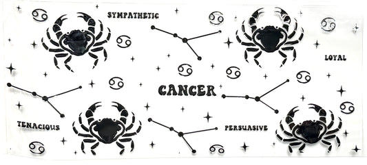 Zodiac sign Cancer design with star constellation and descriptive text on a white background