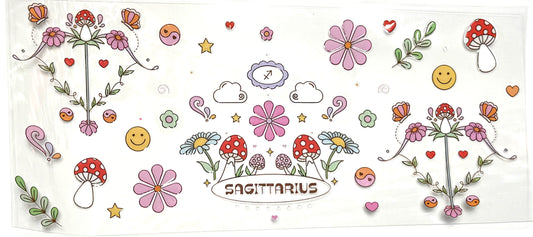 Decorative design with flowers, mushrooms, and the word 'Sagittarius' on a white background