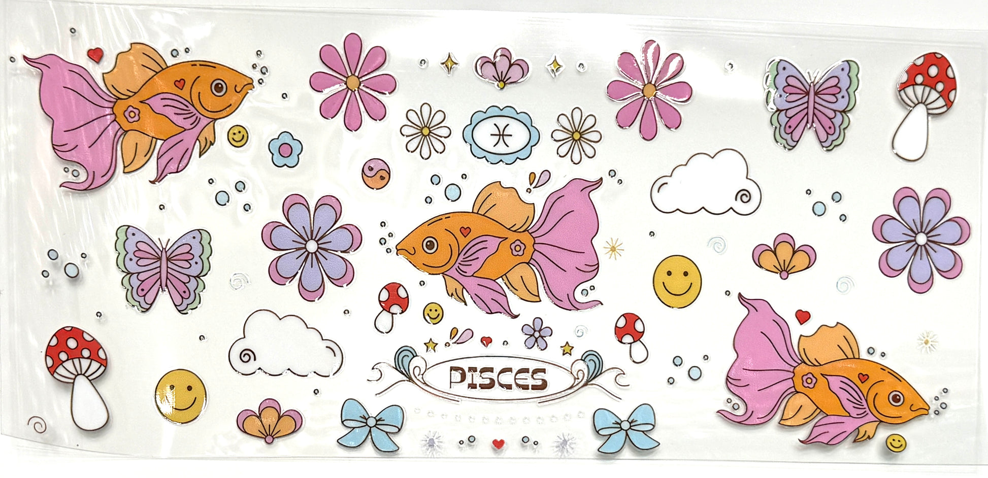 Decorative sheet with Pisces zodiac sign, fish, flowers, and mushrooms on a white background