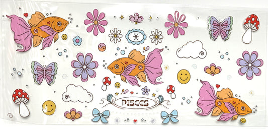 Decorative sheet with Pisces zodiac sign, fish, flowers, and mushrooms on a white background