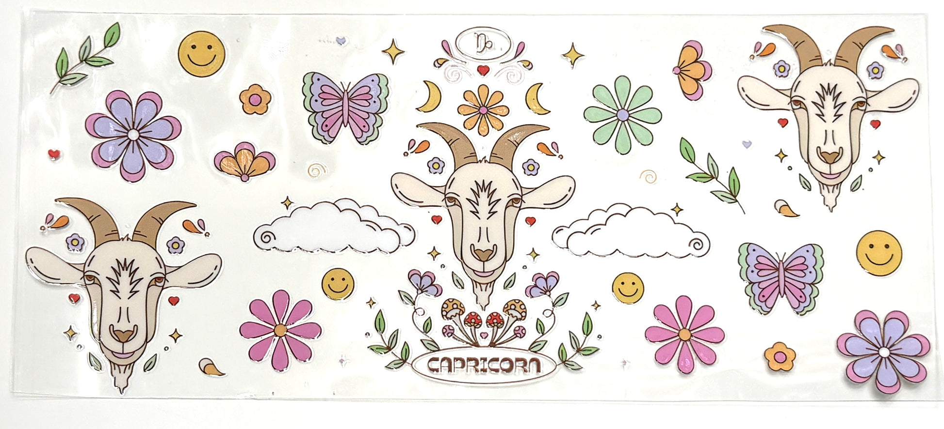 Decorative design with zodiac signs, flowers, and butterflies on a white background