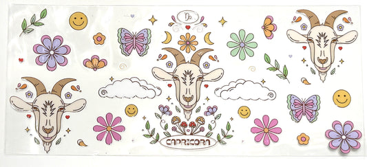 Decorative design with zodiac signs, flowers, and butterflies on a white background