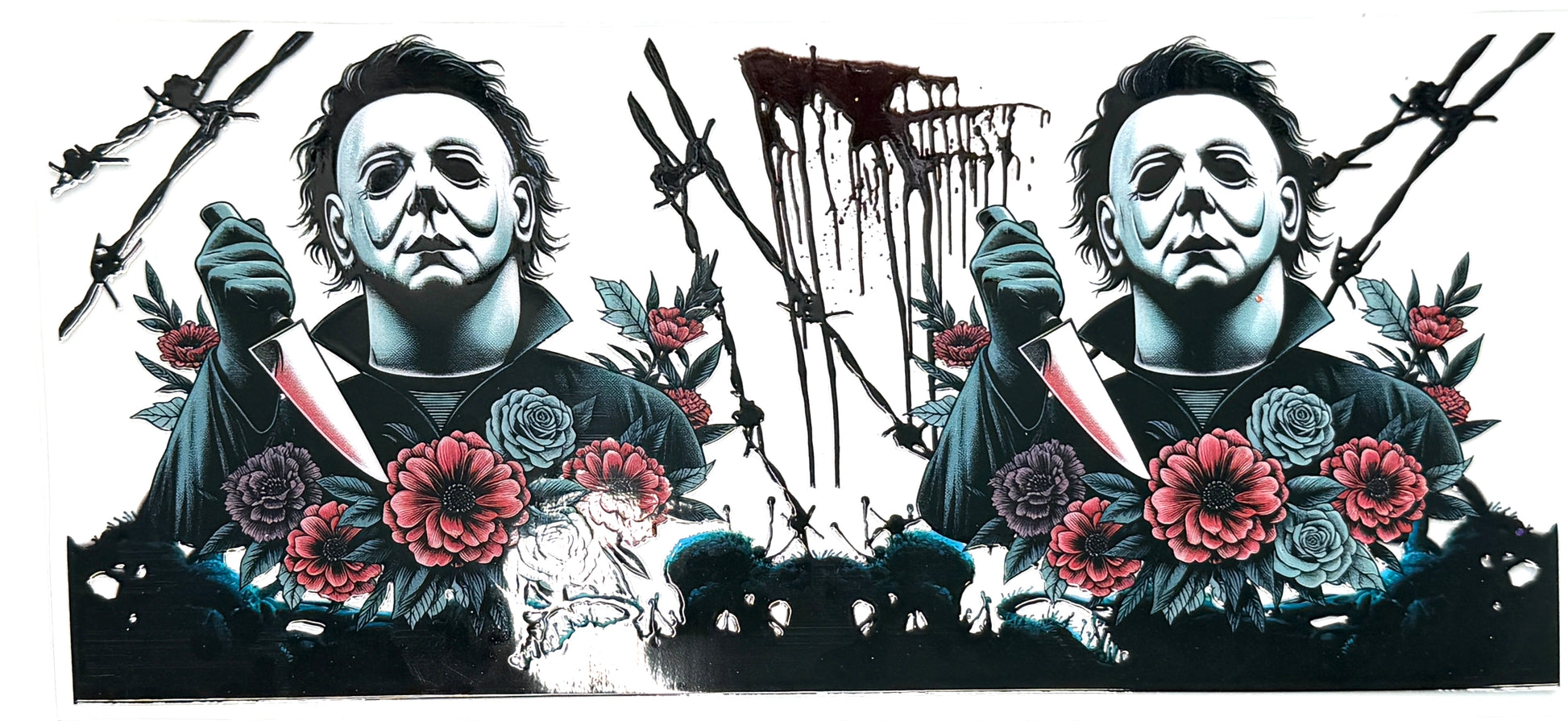 Illustration of a character with a mask, knife, and flowers on a dark background