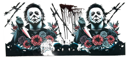 Illustration of a character with a mask, knife, and flowers on a dark background