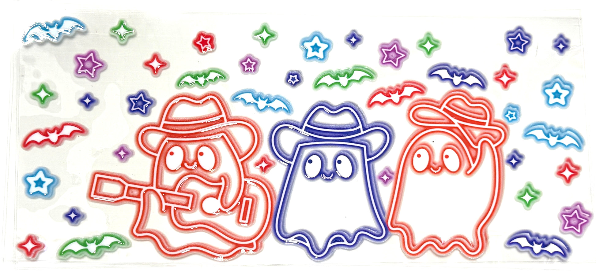 Colorful Halloween-themed design with ghosts, bats, and stars on a white background