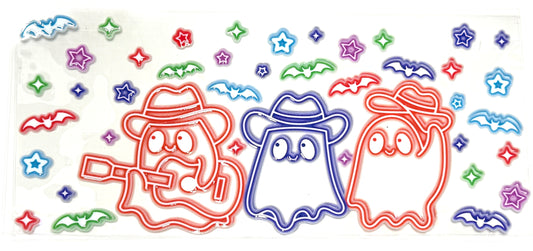 Colorful Halloween-themed design with ghosts, bats, and stars on a white background