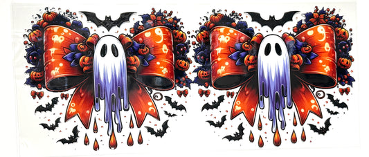 Halloween-themed design with ghosts, pumpkins, and bats on a white background.