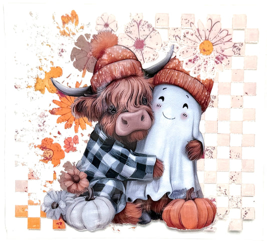 Cartoon cow and ghost hugging with autumn-themed background