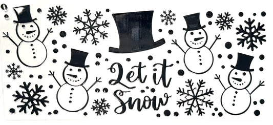 Decorative wall sticker with snowmen, top hats, snowflakes, and 'Let it Snow' text on a white background.