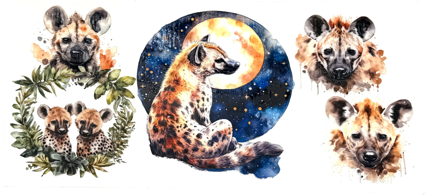 Set of hyena illustrations with different styles and backgrounds