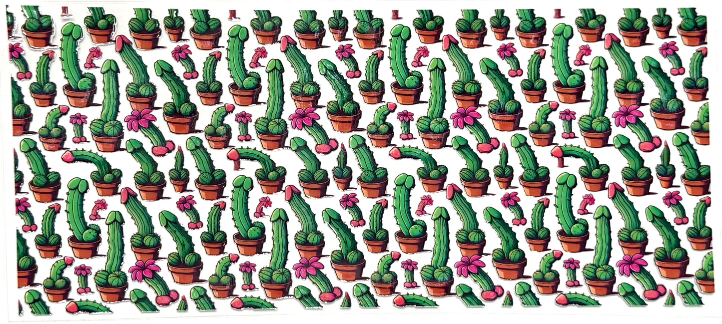 Pattern of green cacti with pink flowers in pots on a white background