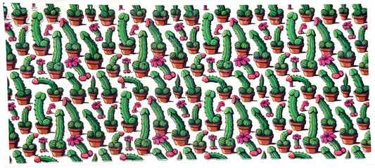 Pattern of green cacti with pink flowers in pots on a white background