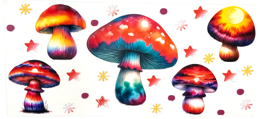Colorful mushroom illustrations on a white background