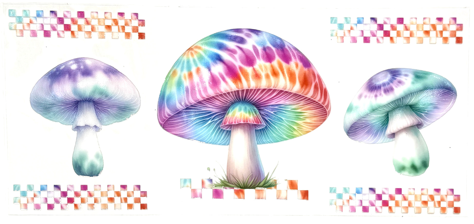 Three colorful tie-dye mushrooms on a white background with rainbow border.