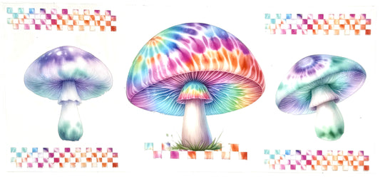 Three colorful tie-dye mushrooms on a white background with rainbow border.