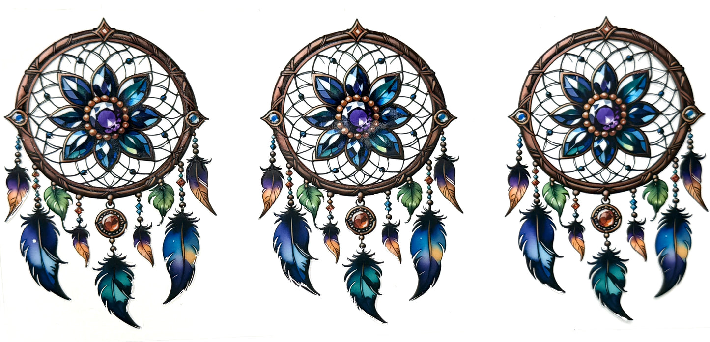 Three dreamcatchers with floral designs and feathers on a white background