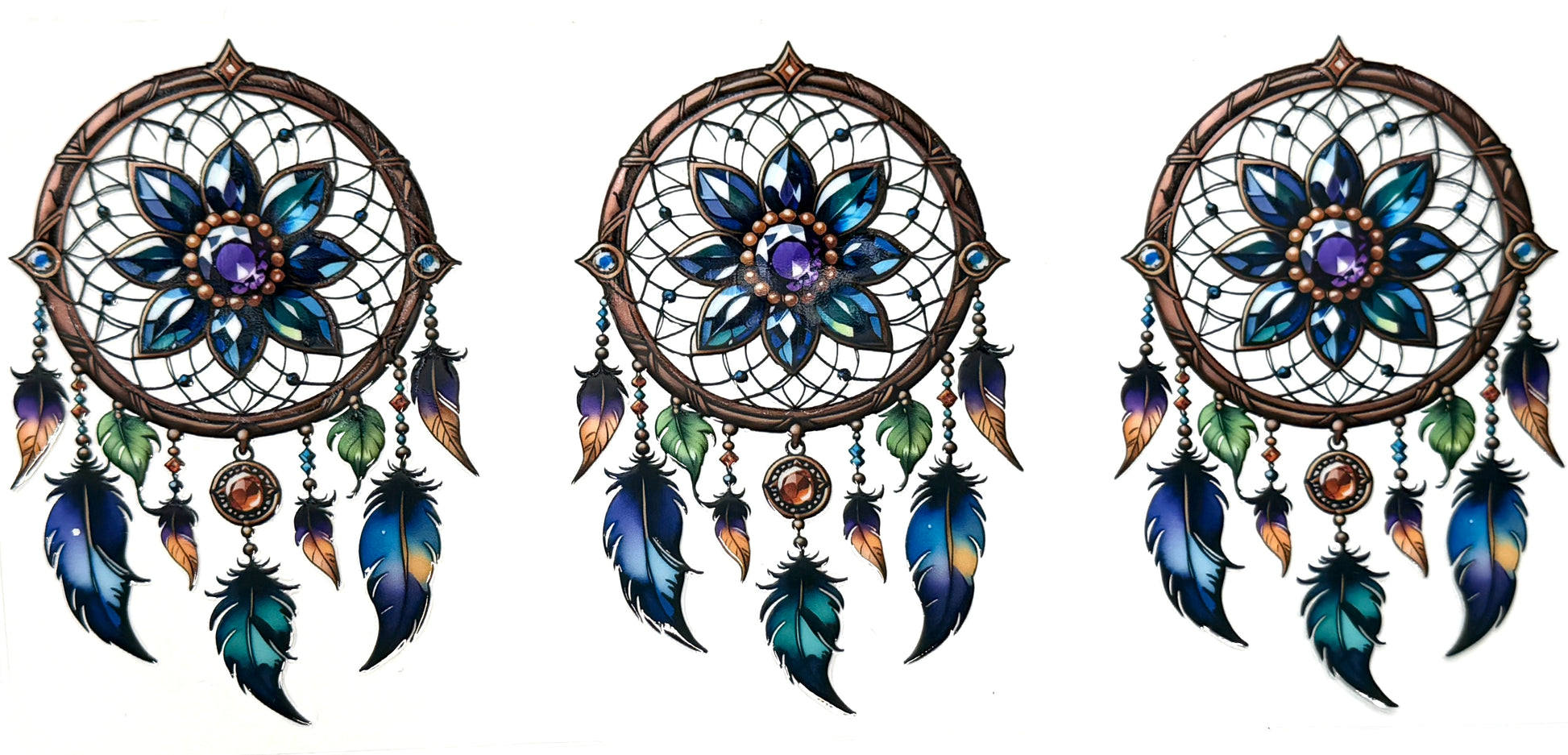Three dreamcatchers with floral designs and feathers on a white background