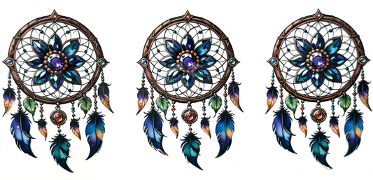 Three dreamcatchers with floral designs and feathers on a white background
