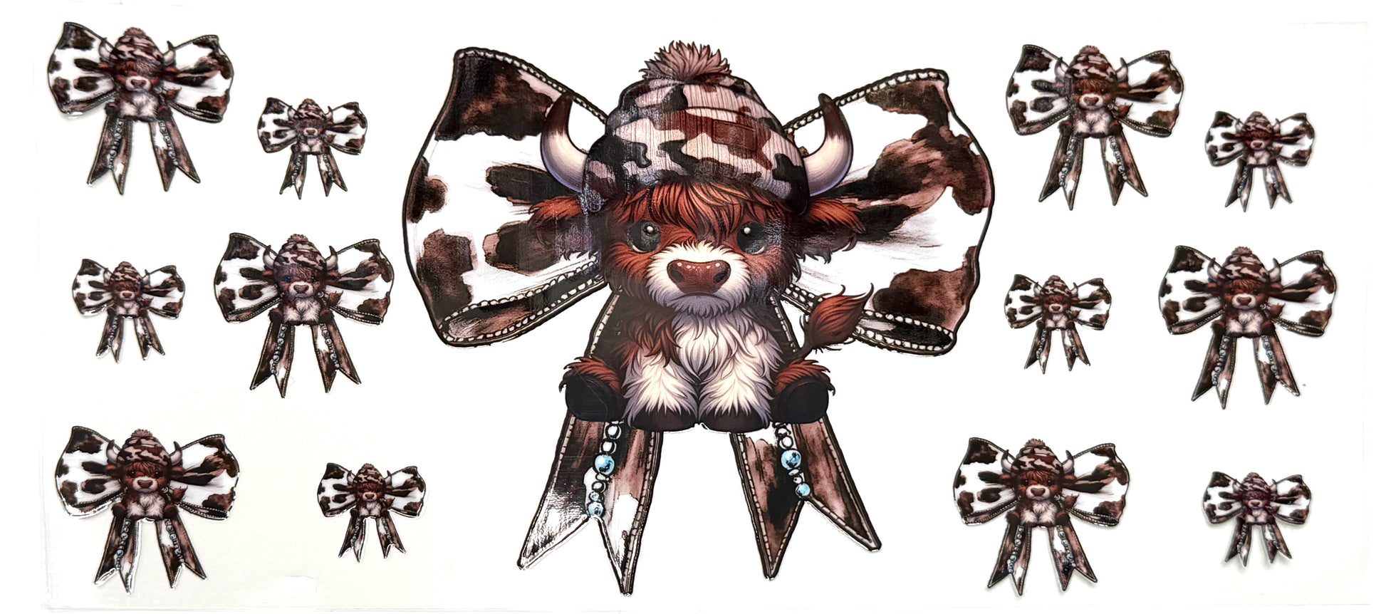 Illustration of a bear wearing a hat with decorative bows around it on a white background.