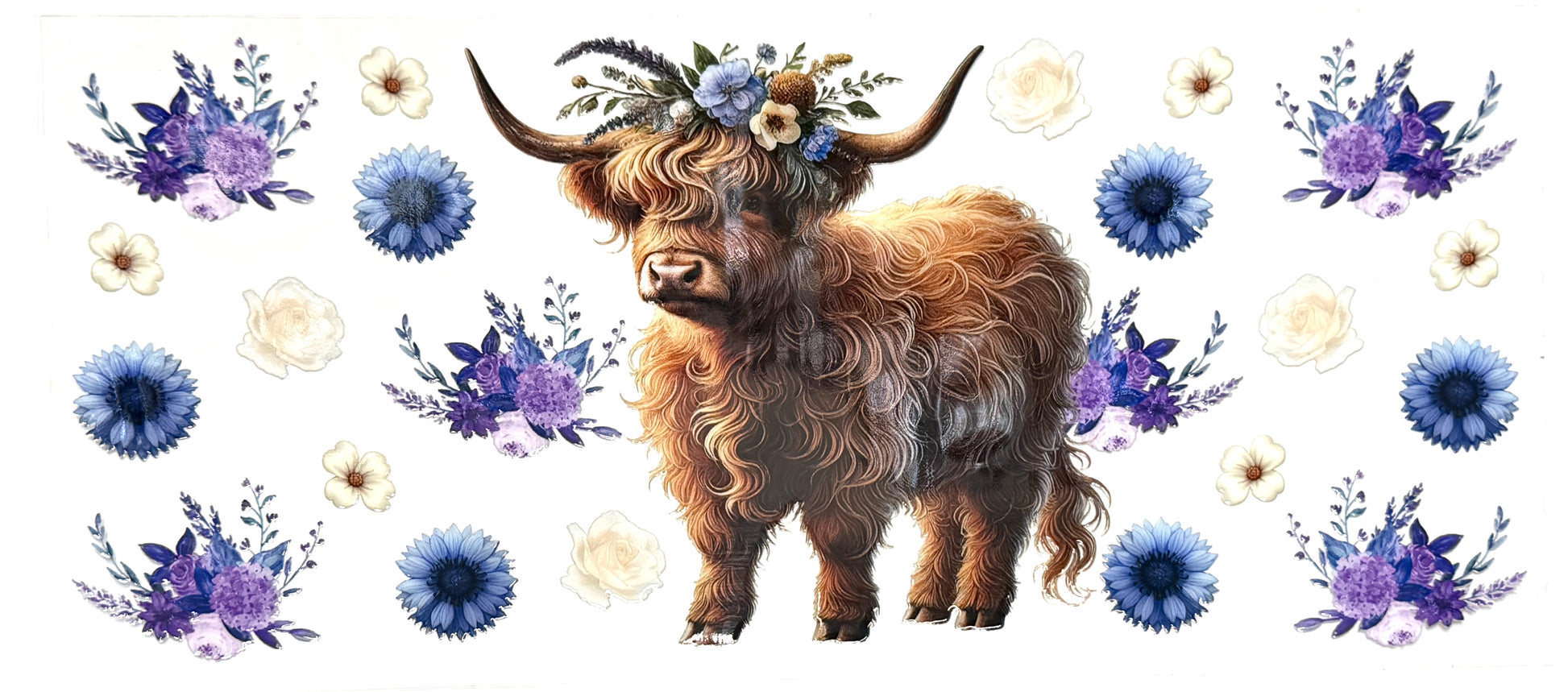 Highland cow with floral crown surrounded by purple and white flowers on a white background