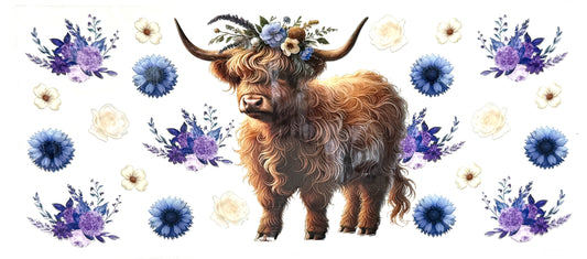 Highland cow with floral crown surrounded by purple and white flowers on a white background