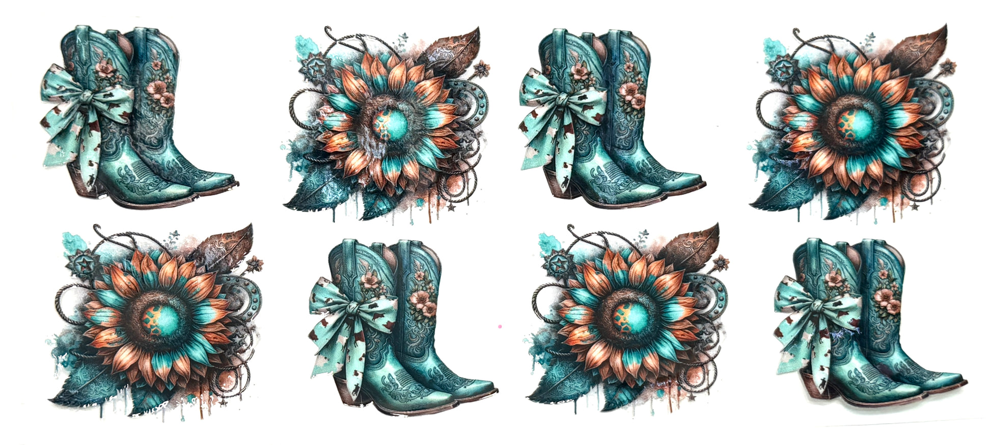 Illustrations of turquoise cowboy boots with decorative flowers and bows on a white background.